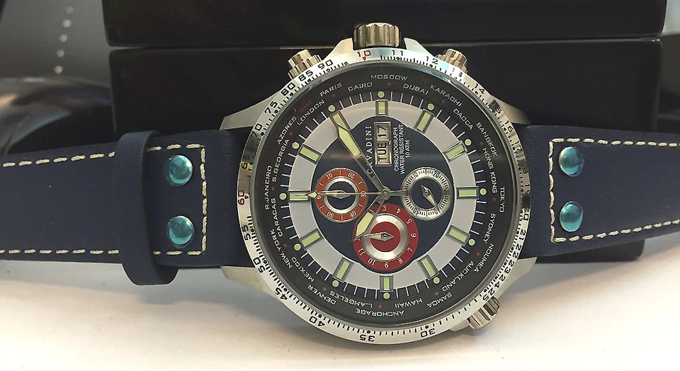 Reloj Cronógrafo Cavadini Hombre Acero Inoxidable Giratorio GMT Anillo Azul CV-1607 Foto 2 de 4