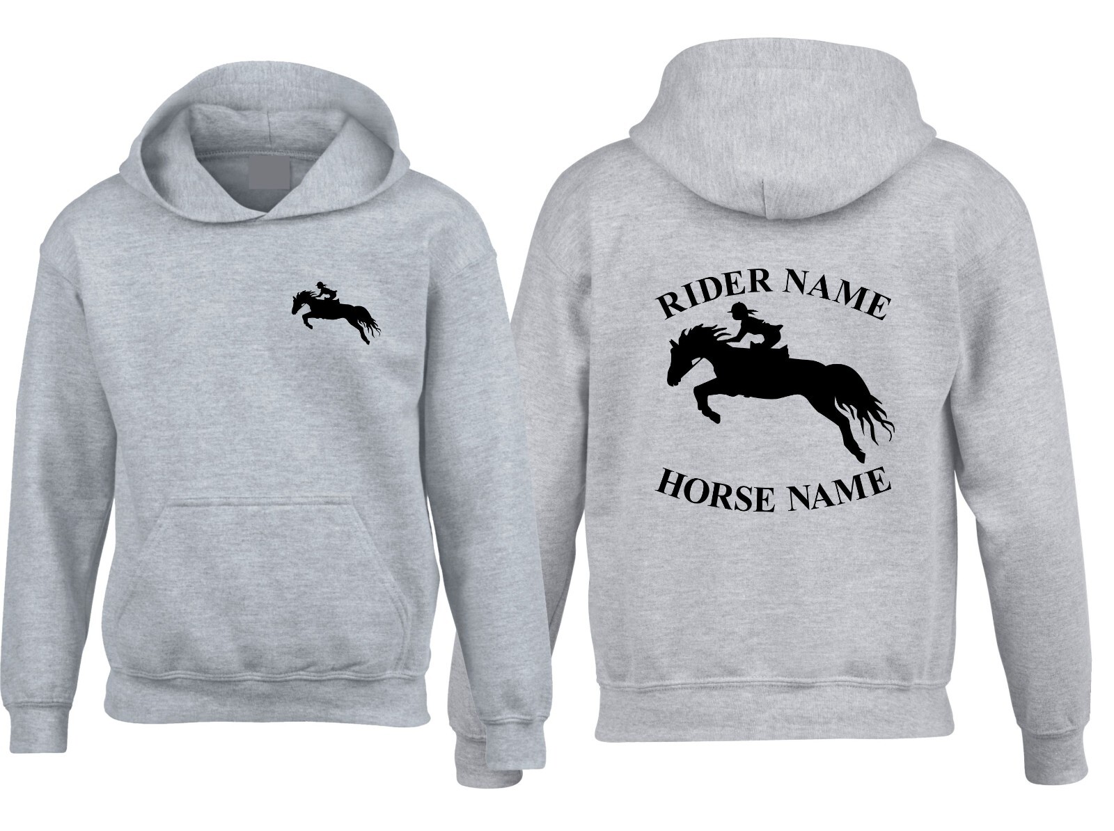 Felpa con cappuccio cavallo personalizzata fronte schiena dressage equitazione JOCKEY PONY XMAS