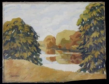 Lakeside Landscape: Oil on Canvas Post-Impressionist Signature Not Mounted