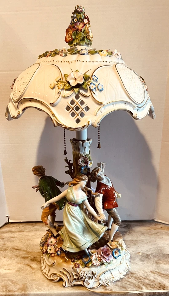 Antique Von Scheirholz German Porcelain Figural Lamp Lithophane Shade 24" - Image 2 of 4