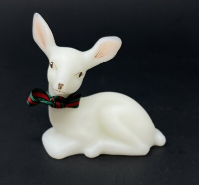 Fenton Art Glass White Doe Deer Reindeer Red Green Striped Bow