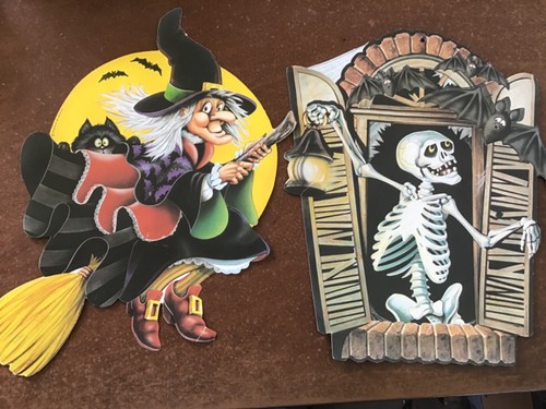 2 Vintage Halloween Cardboard Die Cuts ~ Skeleton / Witch ~ Beistle Co 1983