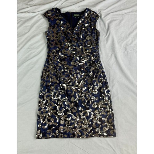 Lauren Ralph Lauren Pailletten Spitze Cocktailkleid marineblau Größe 12 Stretch