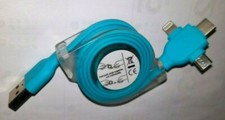 2-Pack 3' Ft 3-in-1 Multi Retractable USB TypeC iPhone Micro Charger Cable Blue