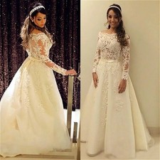 Elegant Wedding Dresses Long Sleeve A Line Appliqued Laces Tulle Vintage Gowns