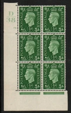GB KGVI 1937 SG462 Cyl Block of 6 Control D38 cyl 72 dot U/M MNH (TT508)