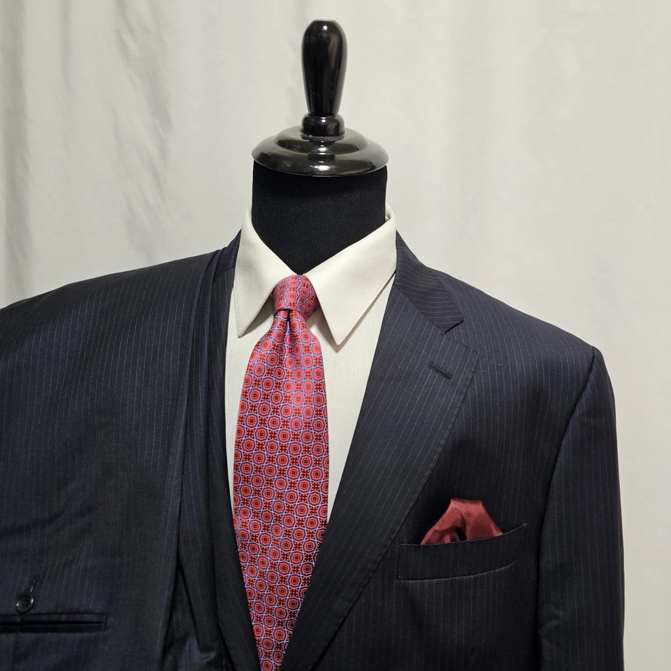 Мужской дорожный костюм Ermenegildo Zegna 48R 40x29 темно-синяя шерстяная и шелковая булавка в полоску Италия - Изображение 2 из 4