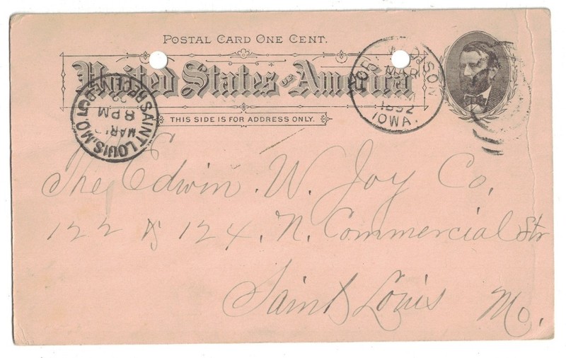 1892 POSTAL CARD FORT MADISON IOWA TO EDWIN W. JOY CO. ST. LOUIS SARSAPARILLA