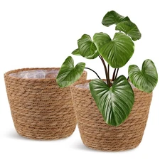 Straw Woven Plant Basket 2PCS Rattan Flower Basket Indoor with Plastic Liner ...