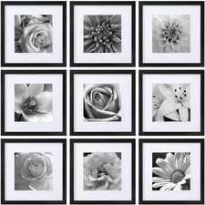 12X12 Picture Frames Set of 9, 8X8 with Mat, Square Gallery Wall Decor, Black