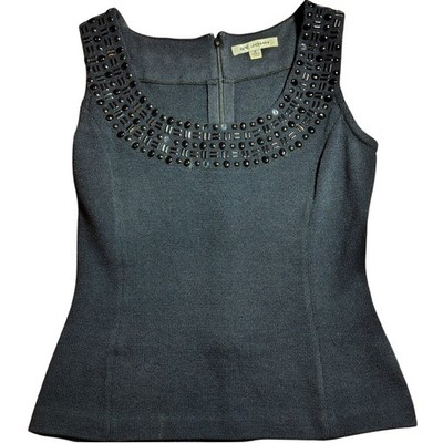 St. John Santana Knit Tank Top Beaded Neckline Black Asis dark  Flawed