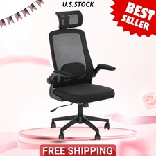 High Back Office Chair w/ Flip-Up Arms, Headrest, Lumbar, Swivel, Black