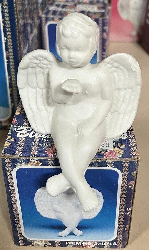 VINTAGE Mini Angel Cherub Shelf Sitter Figurine Book Sitter Bisque Blowing Kiss