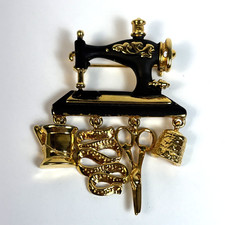 Brooch Sewing Charms Gold Tone Black Paint Intricate Details Vintage Danecraft
