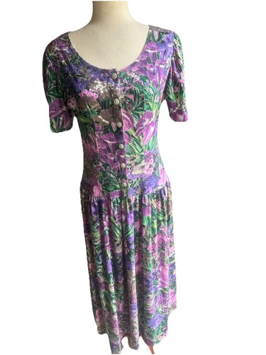 80s Vtg Grunge Dress Cotton Drop Waist Button Up Floral Cottagecore Purple Small