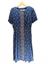 Vintage Blue Paisley Print Dress w/ Buttons & Shoulder Pads