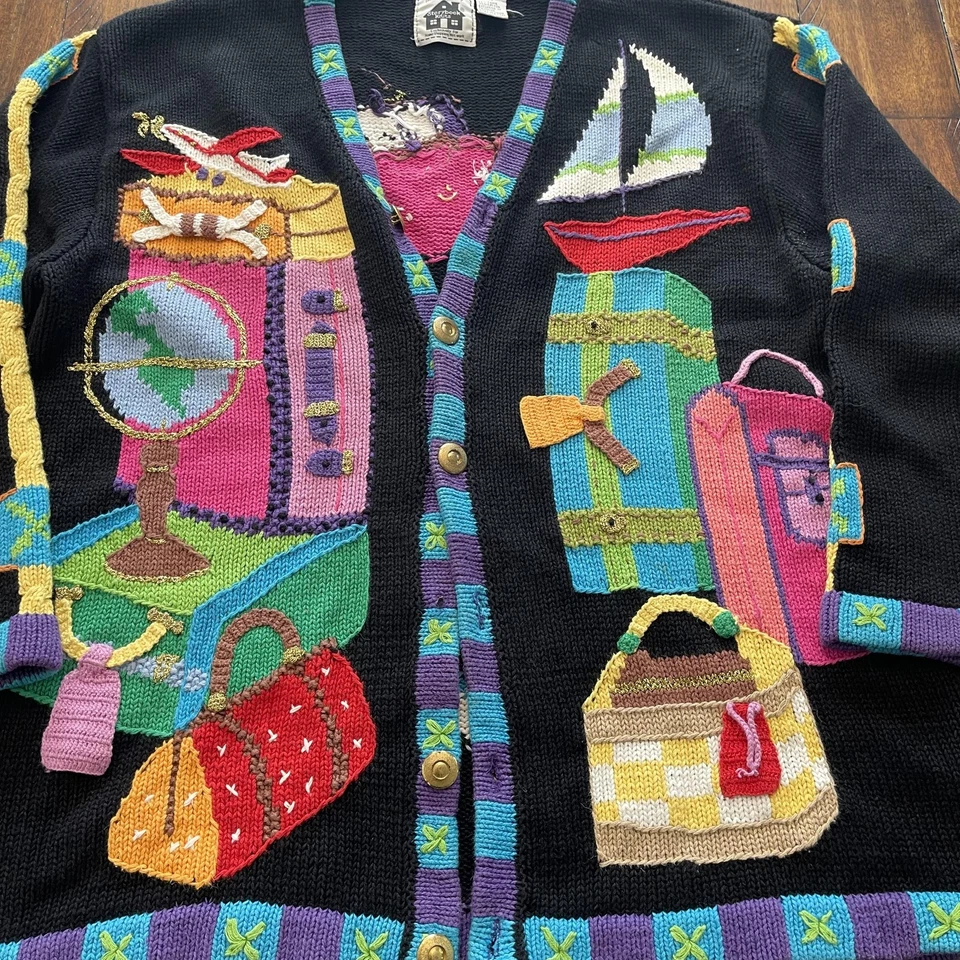 Suéter de punto Storybook para mujer 1X cárdigan negro bordado de viaje tejido Ramie Foto 4 de 4