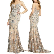 NWT Mac Duggal EMBROIDERED SPAGHETTI STRAP TRUMPET GOWN In Nude Multi Sz 12 $598