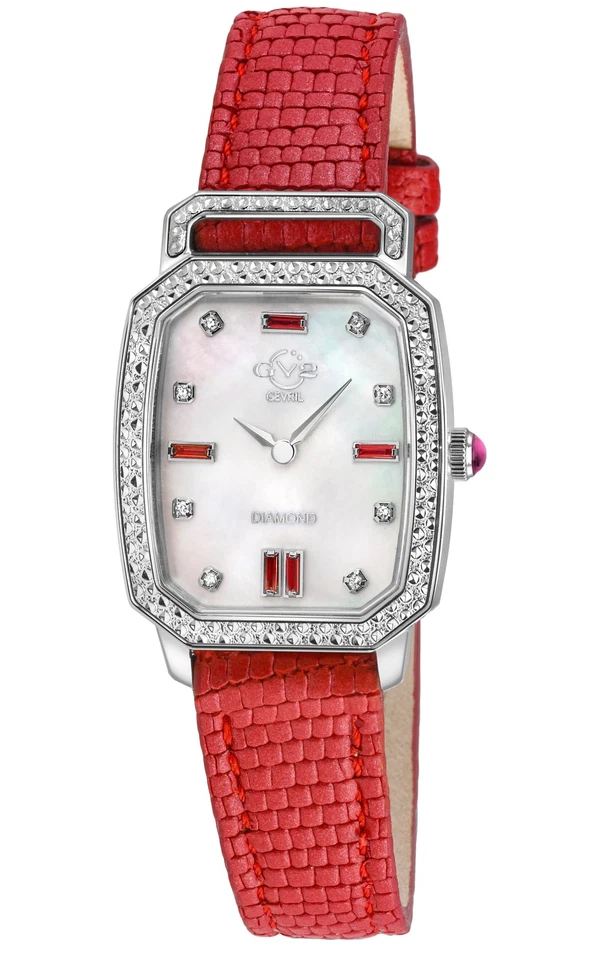 Reloj de cuero para mujer GV2 By Gevril 13405 Pavia esfera mop piedras rojas