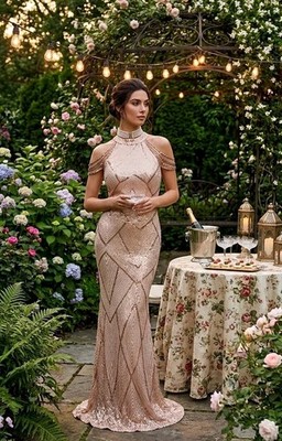 Miss Ord Sequin Beaded Sleeve Embroidered Mesh gown  rose gold Size XL