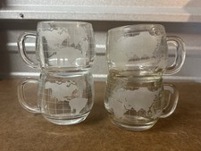 Vintage Nestle Nescafe Etched Glass WORLD GLOBE Coffee Cup Mugs Set of 4