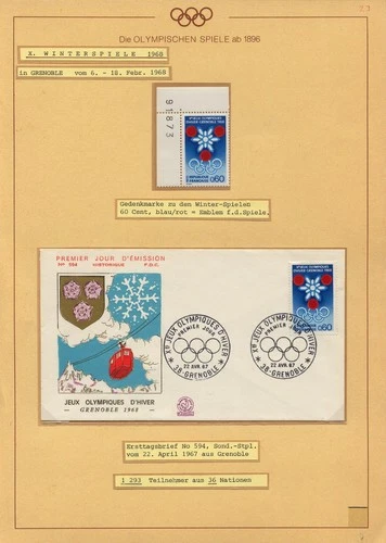 FRANCE 1967 Grenoble Winter Olympic Games 1968 FDC, Margin Corner MNH