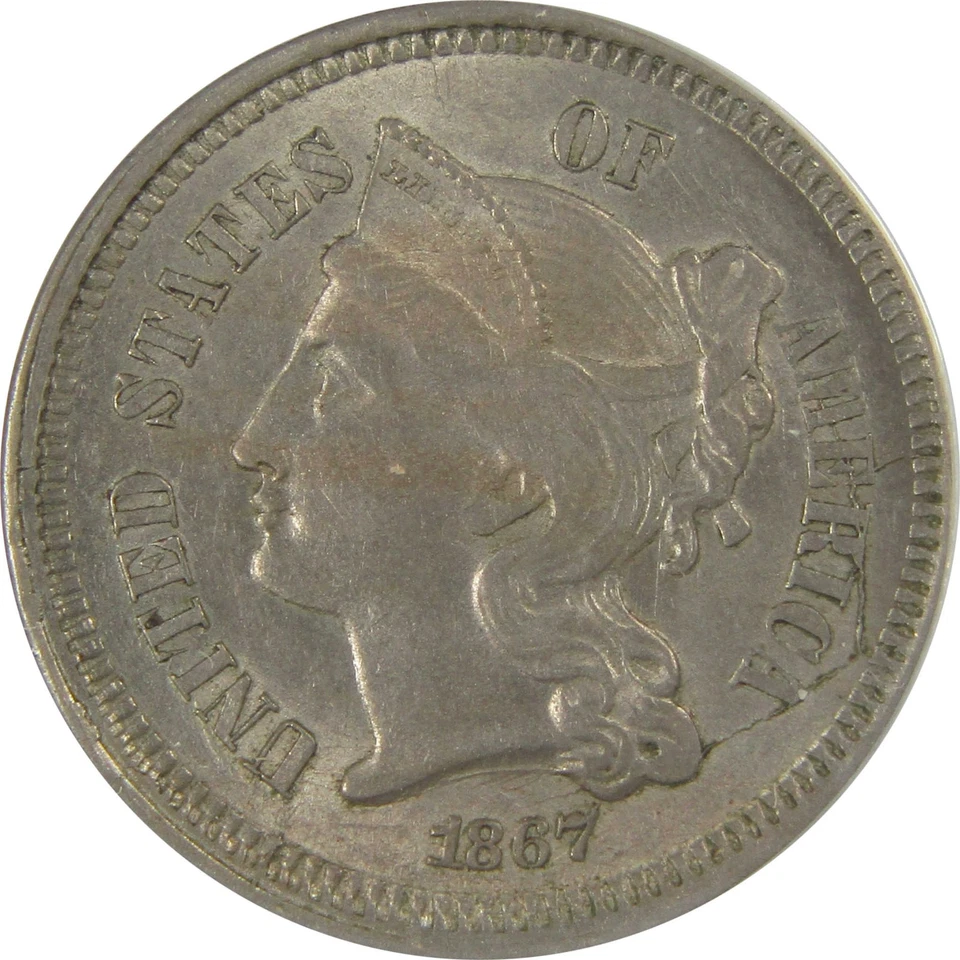 1867 Nickel Three Cent Piece AU 55 ANACS 3c Coin SKU:I22977 - Image 3 of 4