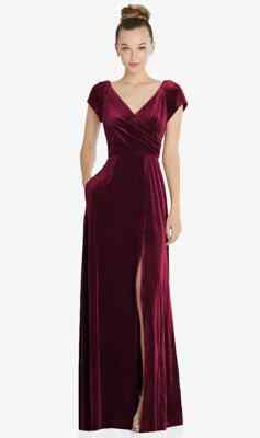 After Six 6862..Cap Sleeve Faux Wrap Velvet Maxi Dress with Pockets..Cabernet..M