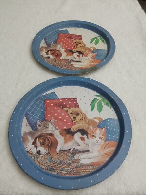 2 - Vintage Aluminum Dogs and Cats Snacks Serving Metal Trays 13''