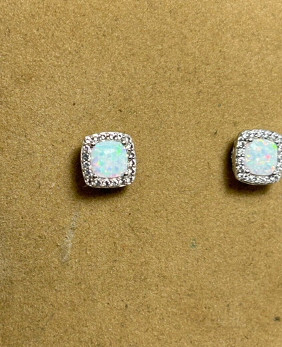 CHARMING 10K WHITE GOLD OPAL & CZ ACCENT STUD EARRINGS - Picture 5 of 17