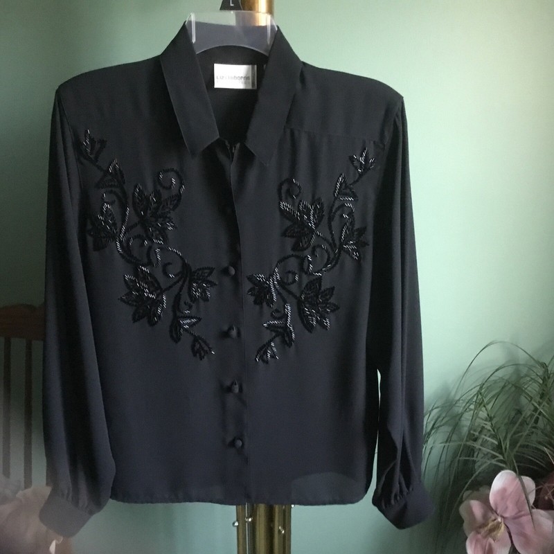 Ladies Black Beaded Blouse By Liz Claiborne Size 6P - EUC