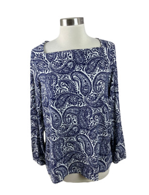 Talbots NEW X 0X Navy Blue White Paisley Boat Neck Rayon Spandex Knit Top