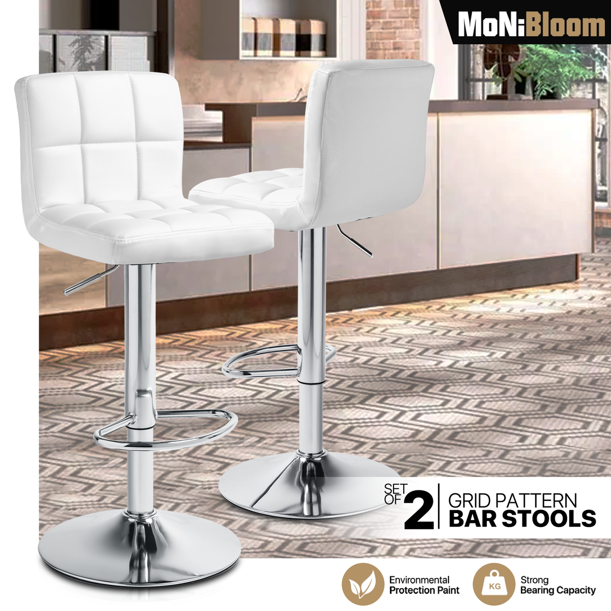 White Set of Bar Stools Leather Square Pub Seat Adjustable
