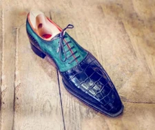 New Made to Measure Shoes Crocodile Texture Blue Premium Calf Leather Mens Shoes