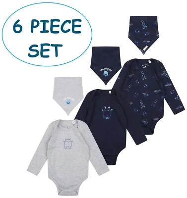 LABEL CUTTERS® Baby Jungen 6-teiliges Set Body & Lätzchen Multipack Designer Marke 1m bis 24m Neu