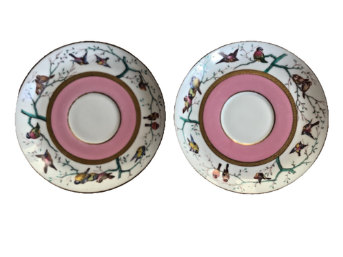 Minton c1893 Saucers British Birds Pink Gold Leaf Hand Painted Bone China x 2