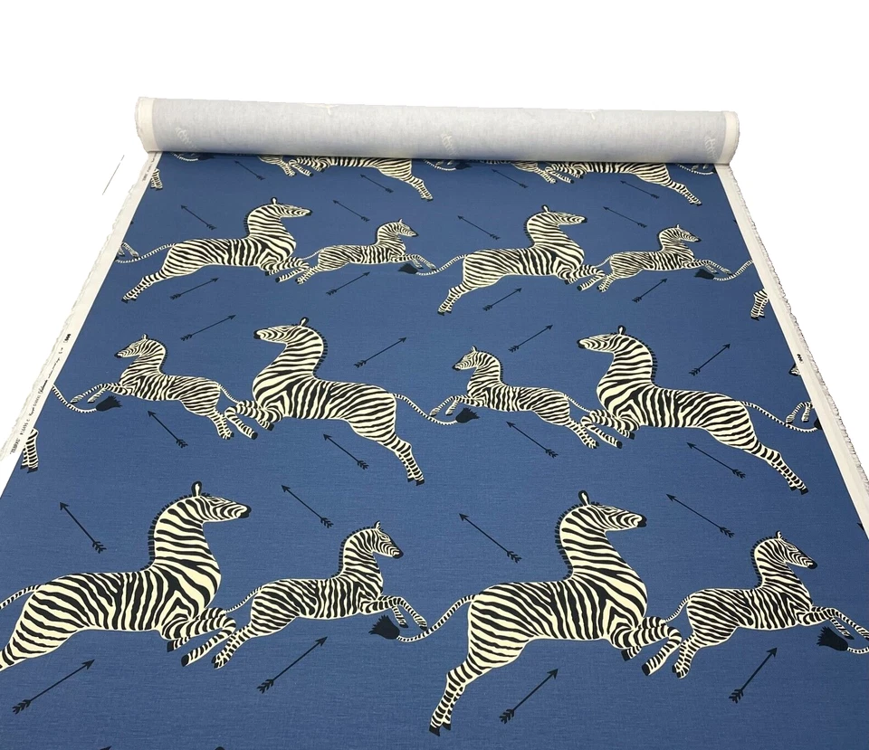 SCALAMANDRE ZEBRAS DENIM BLUE LARGE PRINT LINEN DESIGNER FABRIC BY THE YARD 54"W - Image 2 of 4