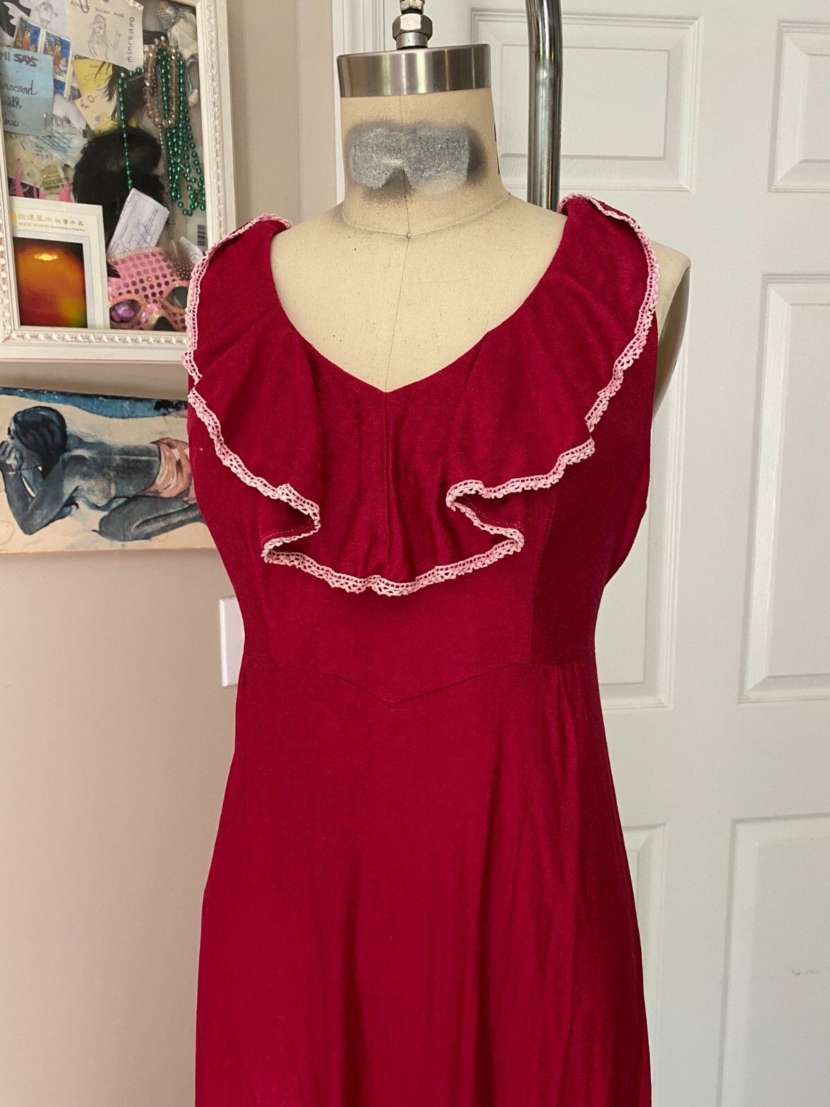 VINTAGE 1970s MAGENTA Ruffle Collar Open Back belted MAXI Dress *MEDIUM* image 2