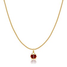 14K Yellow Gold Lady Bug Enamel Lucky Charm Pendant  0.9mm Wheat Chain Necklace