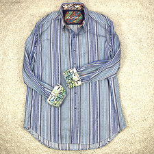 Robert Graham Mens Dress Shirt Flip Cuff Blue Striped Keys On Cuffs Size Large