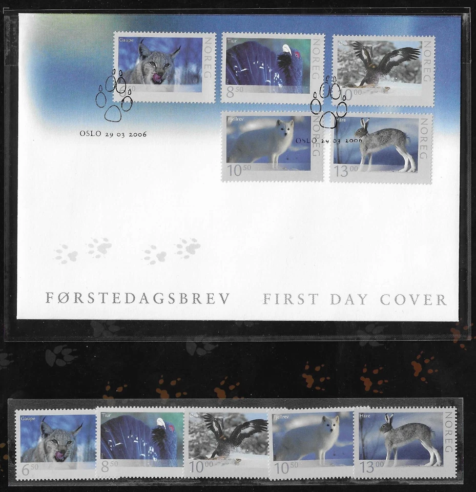Estampillas de águila capercaillo lince liebre ártica conejito zorro Noruega como nuevas MNH + FDC 2006 Foto 2 de 2