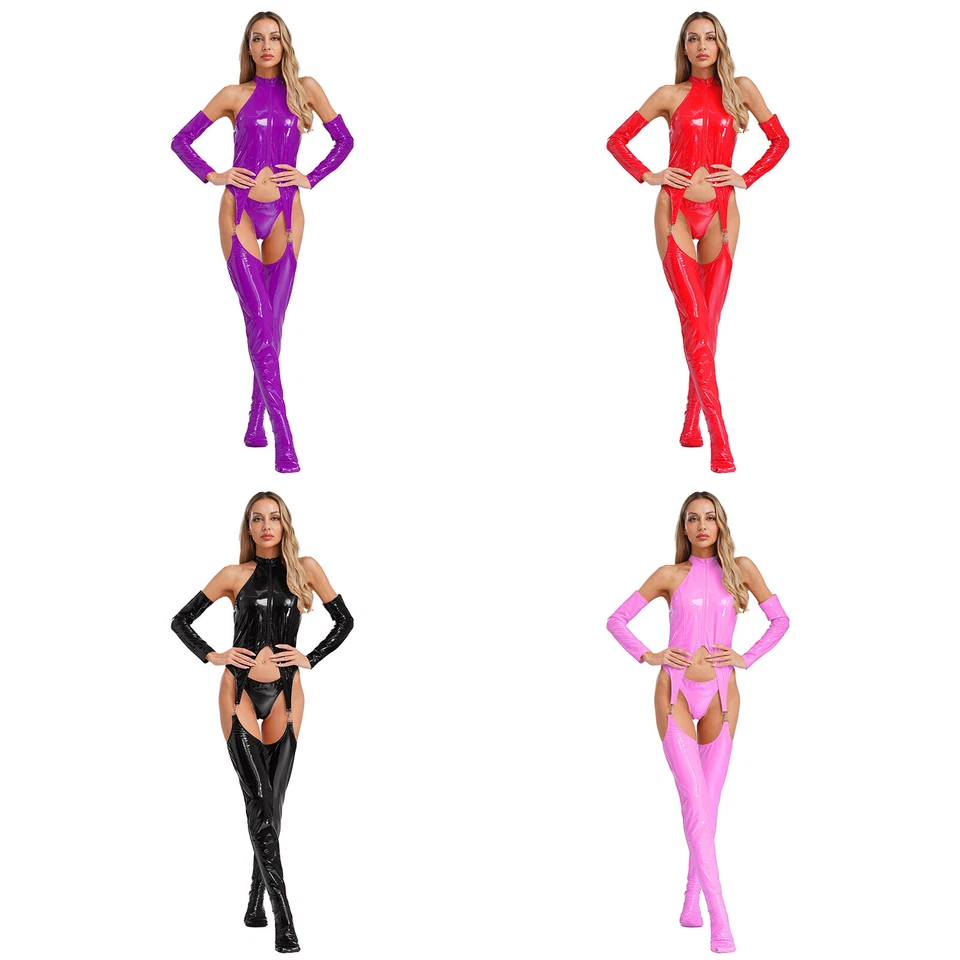 DE Damen Wetlook Body Leder Bodysuits Overall Lackleder Glänzend Dessous Catsuit - Bild 3 von 4