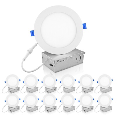 ECOELER 12 Pack 6 Inch Slim LED Recessed Lighting with Junction Box, 5000K Da...