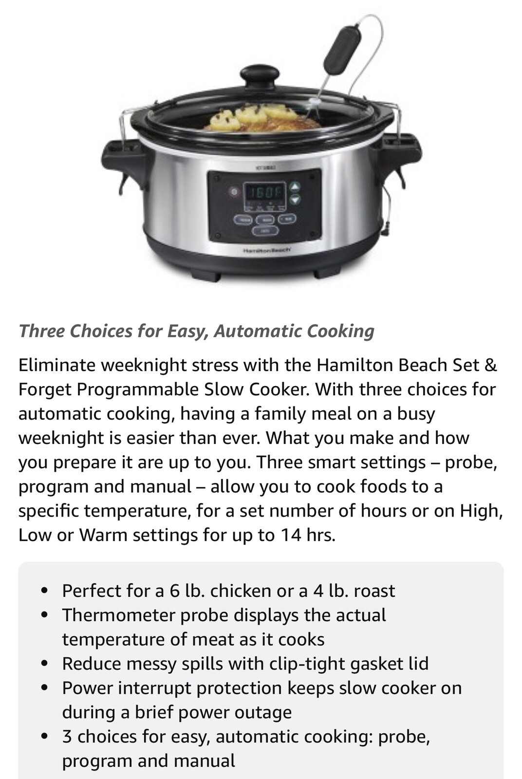 Hamilton Beach Portable 6 Quart Set & Forget Digital Programmable Slow Cooker