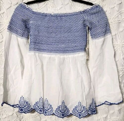 POOF Blouse Womens S Peasant Cottage Embroidered Smocked Bell Sleeves NWT
