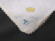 Hankie--Austria--Light Blue Embroidered Flowers--New--Cotton--Original-Vintage