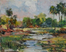 Art Original Oil Painting RM Mortensen "The Marshland" Tropical Palm Trees