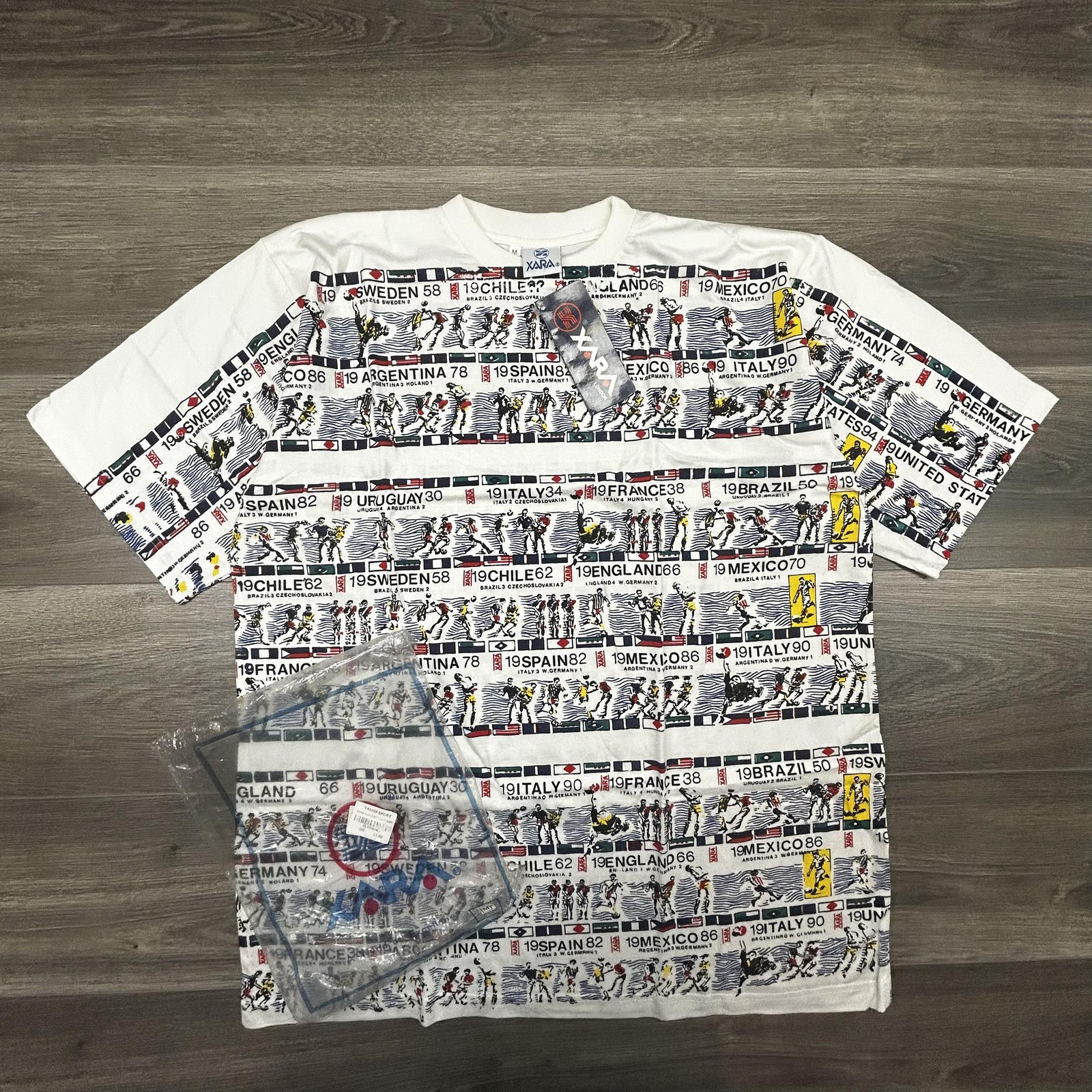 Vintage World Cup Shirt Mens Medium White Xara Soccer AOP Deadstock 90s Made USA