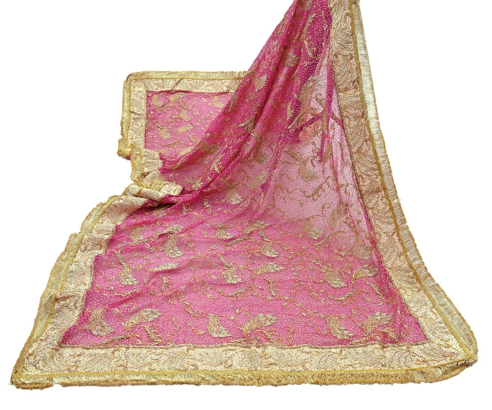 Véu bordado à mão vintage pesado nupcial Dupatta rosa puro chiffon seda estola - Imagem 3 de 4