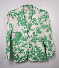 Zara Woman White Green Floral 100 Linen Blazer Jacket Women Size 8